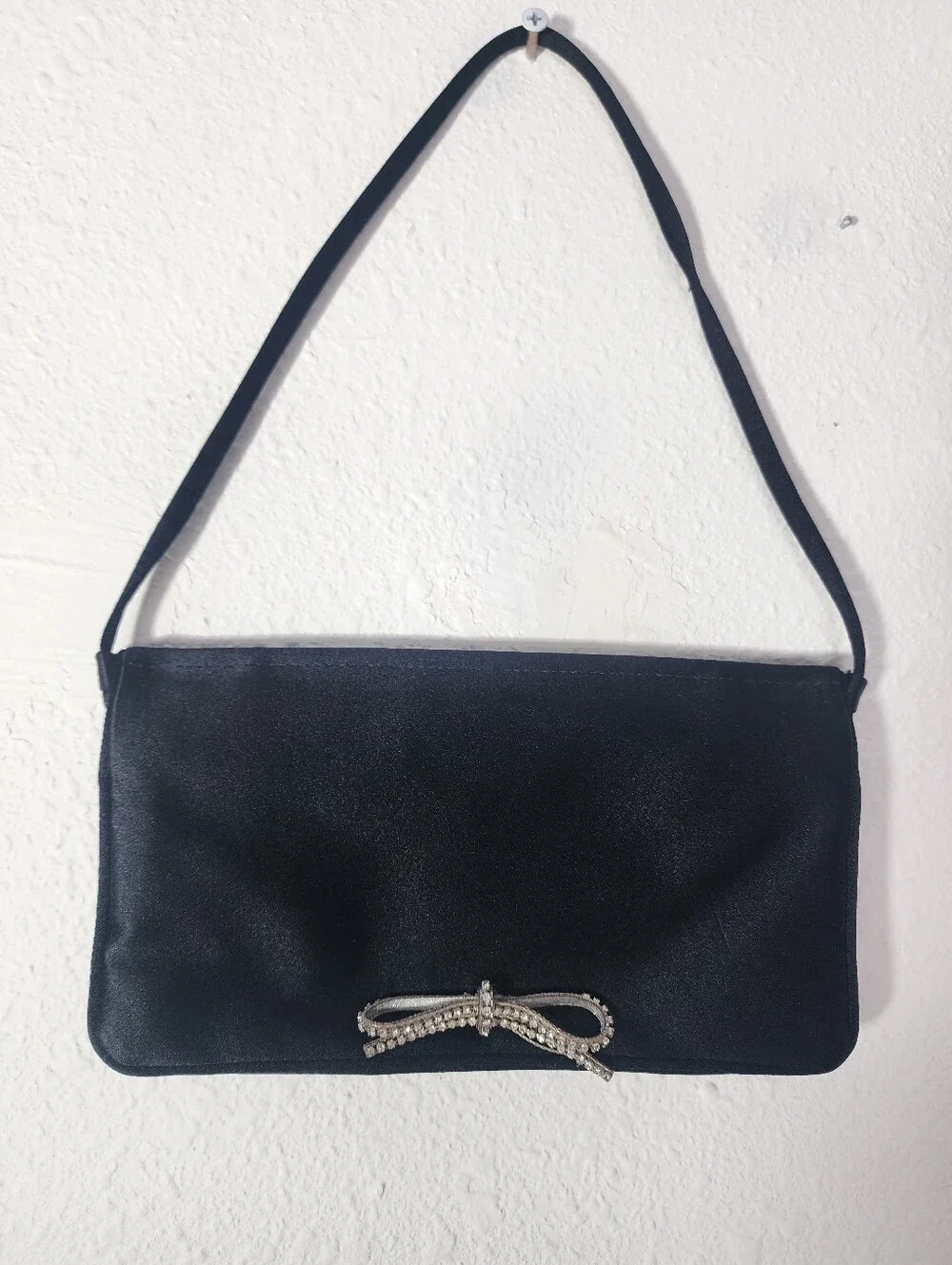 Vintage Y2K Jimmy Choo Black Silk Satin Crystal Bow Evening Clutch Bag